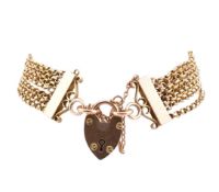 9CT GOLD MULTI-STRAND CHAIN BRACELET WITH HEART PADLOCK CLASP
