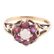 HALLMARKED 9CT GOLD RUBY & OPAL CLUSTER RING