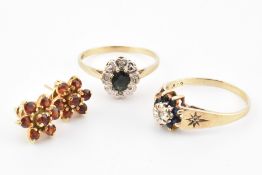 TWO 9CT GOLD SAPPHIRE & DIAMOND RINGS & 9CT GOLD & GARNET CLUSTER EARRINGS