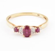 HALLMARKED 9CT GOLD RUBY & DIAMOND THREE STONE RING