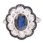 ART DECO 18CT WHITE GOLD SAPPHIRE & DIAMOND CLUSTER RING
