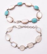 TWO SILVER GEM SET BRACELETS SET TURQUOISE, MOONSTONE & MOTHER OF PEARL