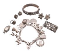 HALLMARKED SILVER CHARM BRACELET & SILVER & MARCASITE JEWELLERY