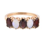HALLMARKED 9CT GOLD OPAL & GARNET FIVE STONE RING