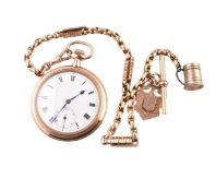 HALLMARKED GOLD POCKET WATCH WITH WATCH CHAIN & T-BAR & MEDALLION