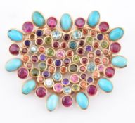 18CT GOLD MULTI-STONE HEART CLUSTER BROOCH PIN