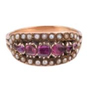 19TH CENTURY RUBY & SPINEL & PEARL CLUSTER RING