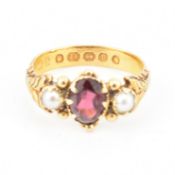 VICTORIAN HALLMARKED 22CT GOLD GARNET & PEARL RING