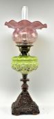 ART NOUVEAU 19TH CENTURY TWO TONE VASELINE GLASS OIL LAMP