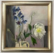 ROBIN SYMES (1939-2023) - UNTITLED STILL LIFE OF BLUE AND WHITE FLOWERS