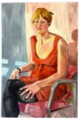 ROBIN SYMES (1939-2023) - UNTITLED PORTRAIT SEATED LADY IN RED DRESS