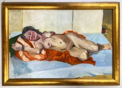 ROBIN SYMES (1939-2023) - UNTITLED PORTRAIT OF LADY ON ORANGE & BLUE