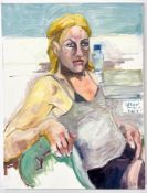 ROBIN SYMES (1939-2023) - UNTITLED PORTRAIT OF LADY WITH WATER BOTTLE