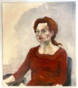 ROBIN SYMES (1939-2023) - UNTITLED PORTRAIT OF LADY IN RED TOP