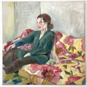ROBIN SYMES (1939-2023) - UNTITLED PORTRAIT OF LADY ON FLORAL SOFA