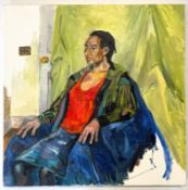 ROBIN SYMES (1939-2023) - UNTITLED PORTRAIT OF LADY ON GREEN GROUND