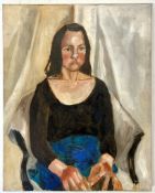 ROBIN SYMES (1939-2023) - UNTITLED PORTRAIT OF LADY IN BLUE SKIRT