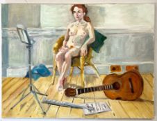 ROBIN SYMES (1939-2023) - UNTITLED FULL BODY NUDE WITH GUITAR & FLUTE