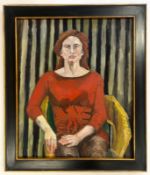 ROBIN SYMES (1939-2023) - UNTITLED PORTRAIT OF WOMAN IN RED SHIRT