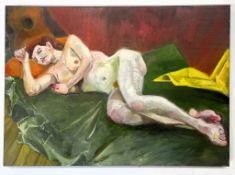 ROBIN SYMES (1939-2023) - UNTITLED PORTRAIT OF LADY ON GREEN BLANKET