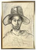 ROBIN SYMES (1939-2023) - UNTITLED PORTRAIT OF MALE SITTER WITH HAT