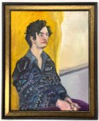 ROBIN SYMES (1939-2023) - UNTITLED PORTRAIT OF MALE SITTER IN CARDIGAN