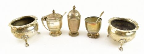 20TH CENTURY HALLMARKED SILVER THREE-PIECE CRUET SET & TWO SILVER POTS