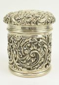A VICTORIAN HALLMARKED PIERCED SILVER & GLASS LIDDED JAR