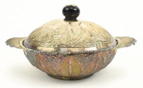 A 20TH CENTURY GLASS LINED SILVER TWIN HANDLE DISH WITH COVER