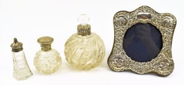 A 20H CENTURY HALLMARKED SILVER PHOTO FRAME & PERFUME BOTTLES