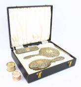 CASED 20TH CENTURY HALLMARKED SILVER 4-PIECE DRESSING TABLE SET