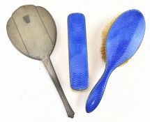 A HALLMARKED SILVER & GUILLOUCHE ENAMEL DRESSING TABLE SET