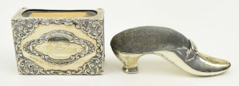 A VICTORIAN HALMARKED SILVER MATCH HOLDER & A PIN CUSHION