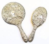 GEORGE V HALLMARKED SILVER MOUNTED DRESSING MIRROR AND BRUSH SET