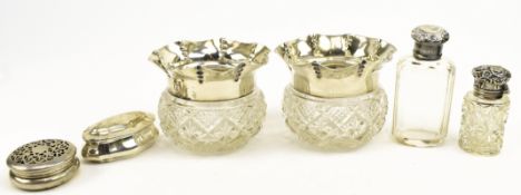 COLLECTION OF SIX HALLMARKED SILVER & GLASS ITEMS & TRINKET BOXES