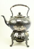 A VICTORIAN 19TH CENTURY SILVER PLATED SPIRIT KETTLE & STAND
