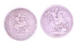 TWO 19TH CENTURY SILVER CROWN COINS