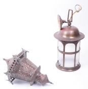 VINTAGE MORROCAN BRASS PIERCED LANTERN WITH BRASS HALL LANTERN