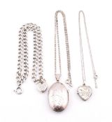 Two silver locket pendant necklaces and a silver heart charm bracelet. The lot to include a