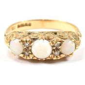 HALLMARKED 18CT GOLD OPAL & DIAMOND THREE STONE RING