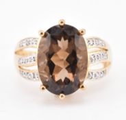 HALLMARKED 9CT GOLD SMOKY QUARTZ & DIAMOND RING