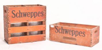 SCHWEPPES - TWO VINTAGE MID CENTURY FRUIT DEPOSIT CRATES ALONG WITH TWO GLASS BOTTLES