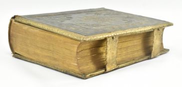 MID 19TH CENTURY SCOTTISH HOLY BIBLE WITH BLIND & GILT STAMPED BINDING & BRASS CLASPS