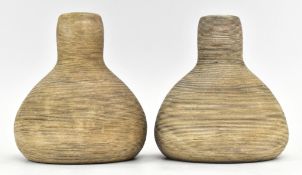 PAIR OF MID CENTURY TEXTURED CERAMIC FLOWER VASES WITH INCISED LINEAR PATTERN