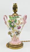 20TH CENTURY CONTINENTAL TWIN HANDLED PORCELAIN VASE CONVERTED TO LAMP BASE
