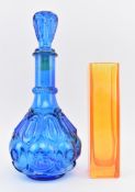 EMPOLI STYLE MID CENTURY BLUE PRESSED GLASS DECANTER & AN ORANGE VASE