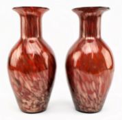 PAIR OF 20TH CENTURY MURANO STYLE BALUSTER VASES WITH MARBLED RED & GOLD LUSTRE DESIGN