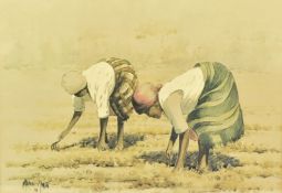 MALACHI SMITH - WATERCOLOUR ON PAPER PAINTING OF TWO GIRLS PICKING PLANTS