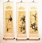 THREE 20TH CENTURY CHINESE SCROLL PAINTINGS OF FLOWERS