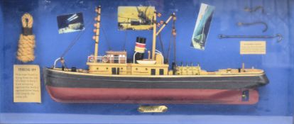 VINTAGE FRAMED MODEL DANUBE V.J. BOAT WITH DOCKER'S TOOLS & FENDING
